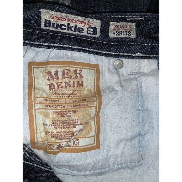 MEK DENIM Sz 29 32 St. Louis Easy Bootcut Dark Wash Denim Jeans Distressed EUC - Picture 8 of 9